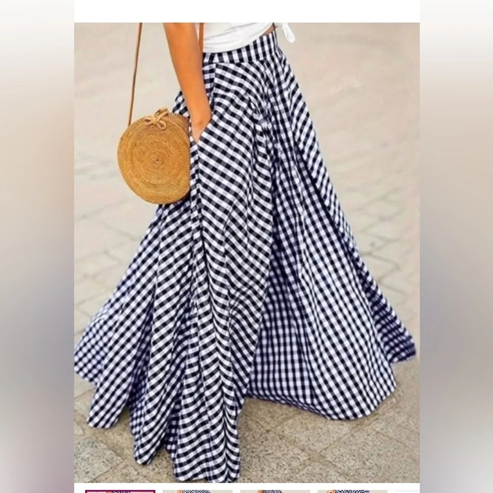 Classic Gingham High Waisted Flowy Maxi Skirt NEW - Picture 1 of 5